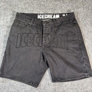 BBC ICECREAM BLACK OUT JEAN SHORT BLACK RINSE EMBOSSED DENIM SHORTS SIZE 34